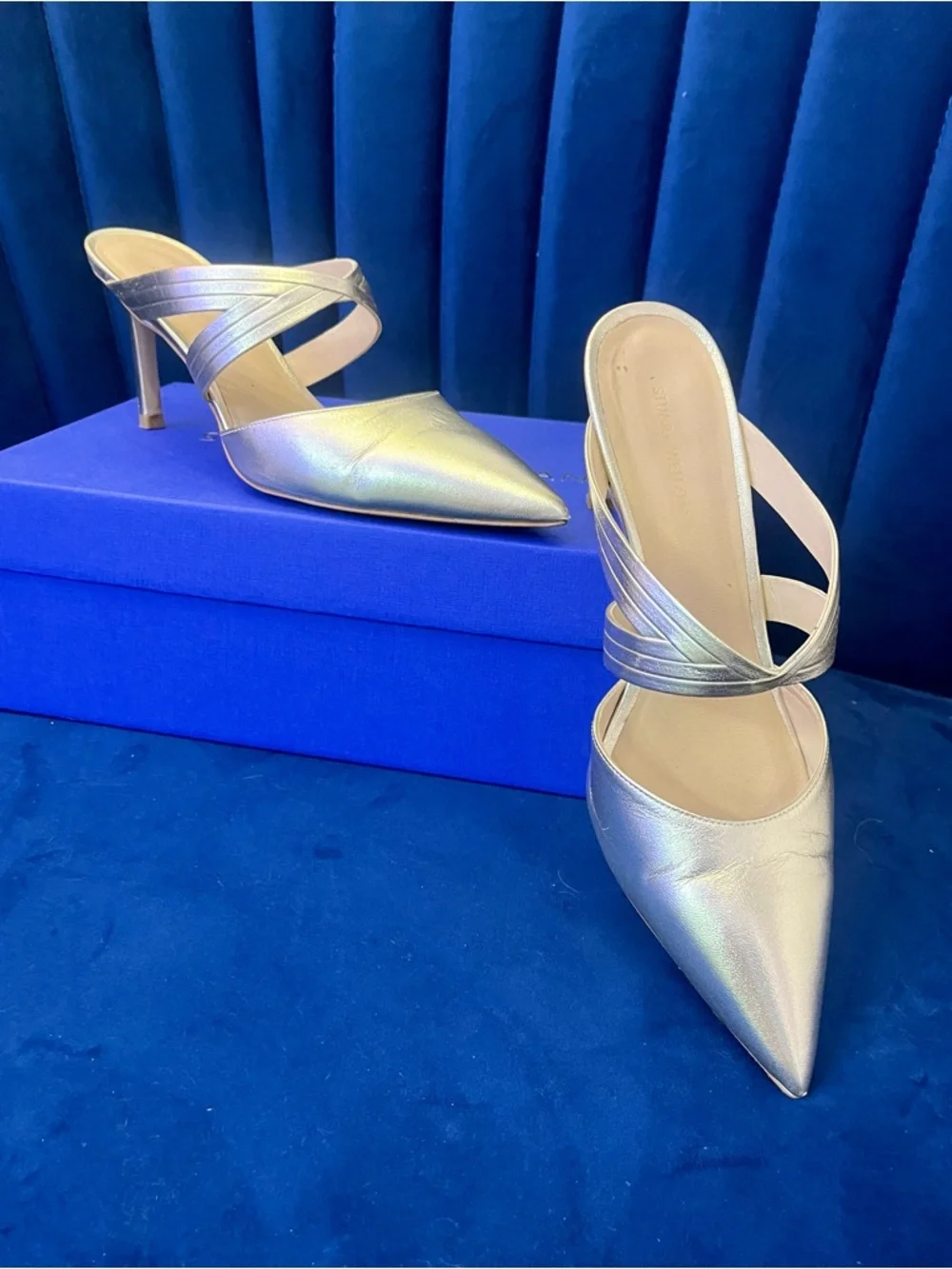Stuart Weitzman Gold Iridescent Pointed-Toe Strappy Mule Stilettos - Picture 6 of 9